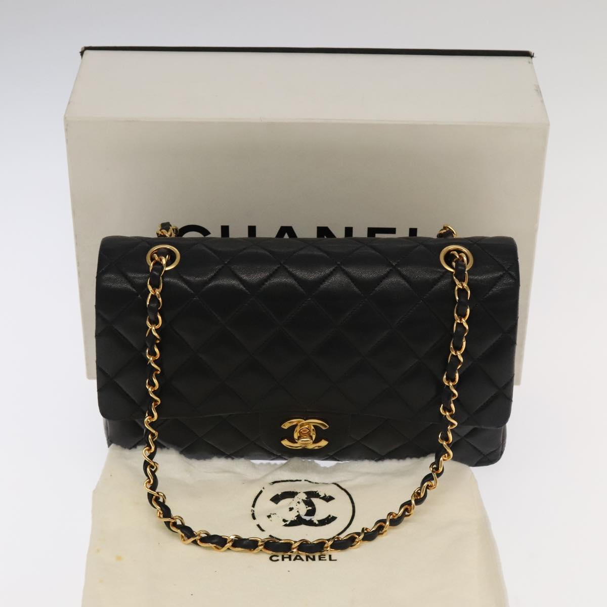 CHANEL Matelasse 25 Double Flap Hand Bag Lamb Skin Black Gold CC Auth yk16193AV