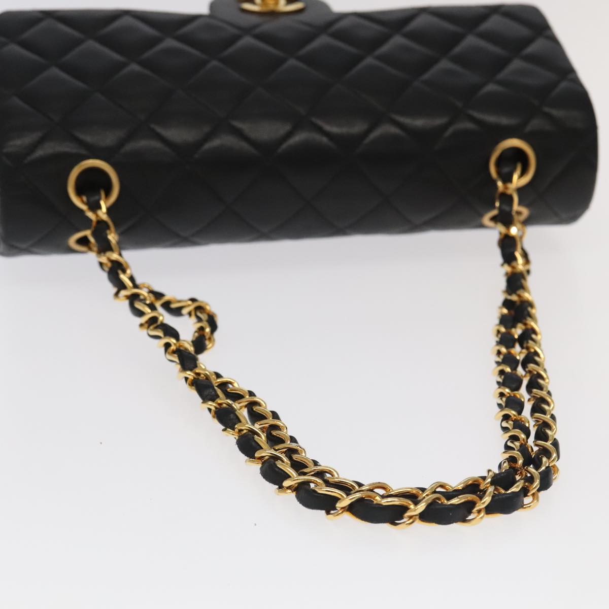 CHANEL Matelasse 25 Double Flap Hand Bag Lamb Skin Black Gold CC Auth yk16193AV