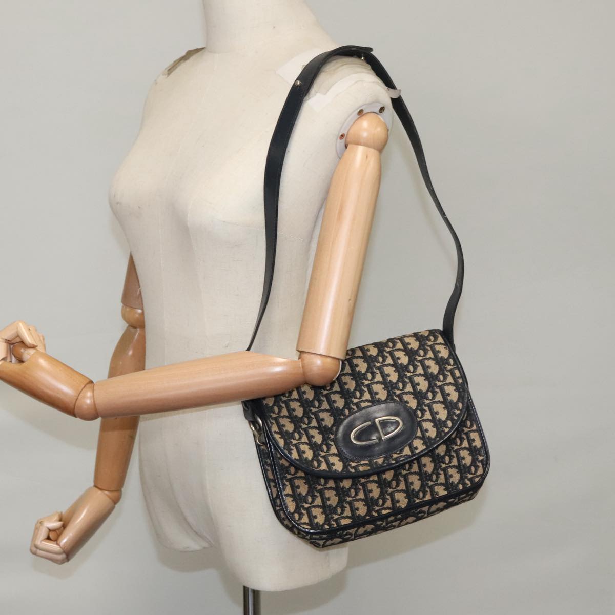 Christian Dior Trotter Canvas Hand Bag Navy Beige Gold Auth yk16224