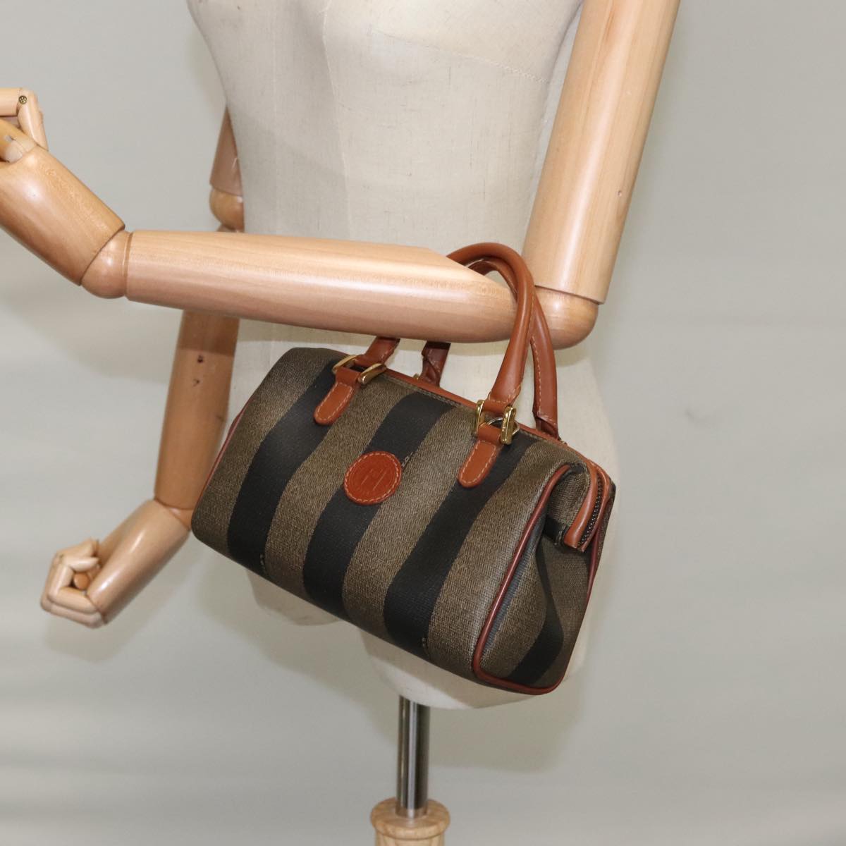 FENDI Pecan Canvas Mini Hand Bag Brown Black Auth yk16320