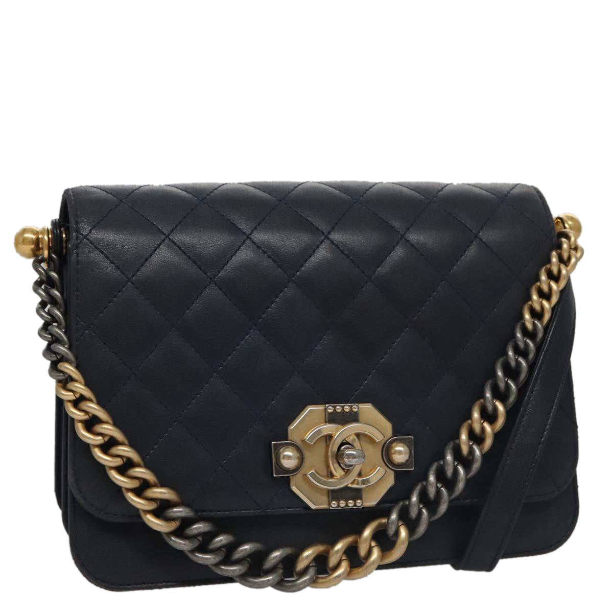 CHANEL Matelasse Turn Lock Chain Hand Bag Leather 2way Navy Gold CC Auth yk16451