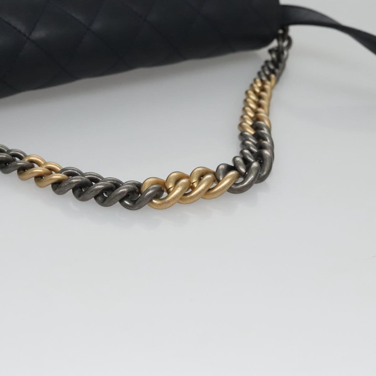 CHANEL Matelasse Turn Lock Chain Hand Bag Leather 2way Navy Gold CC Auth yk16451