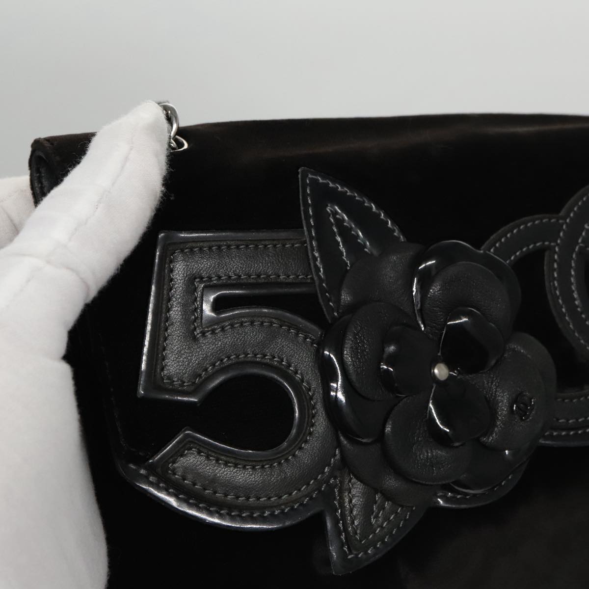 CHANEL Chain Camelia Shoulder Bag Velor Leather Black Silver CC Auth yk16500