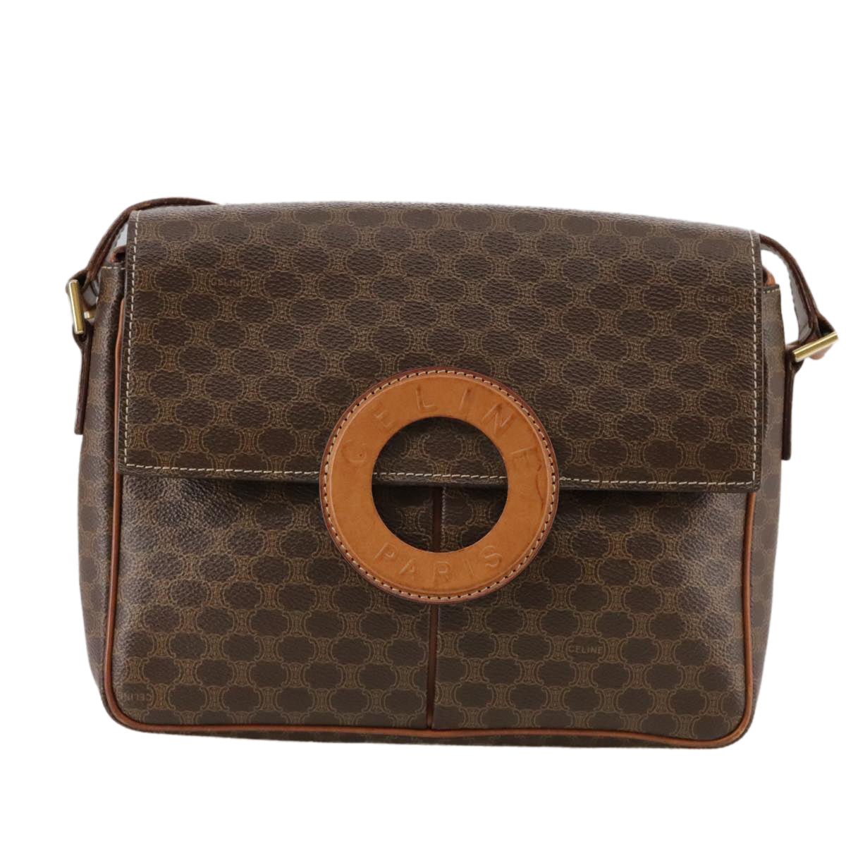 CELINE Macadam Canvas Shoulder Bag PVC Leather Brown Gold Auth yk16587