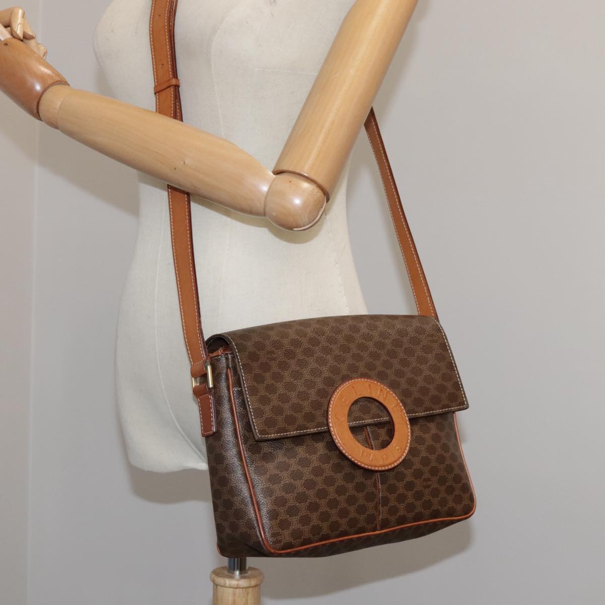 CELINE Macadam Canvas Shoulder Bag PVC Leather Brown Gold Auth yk16587