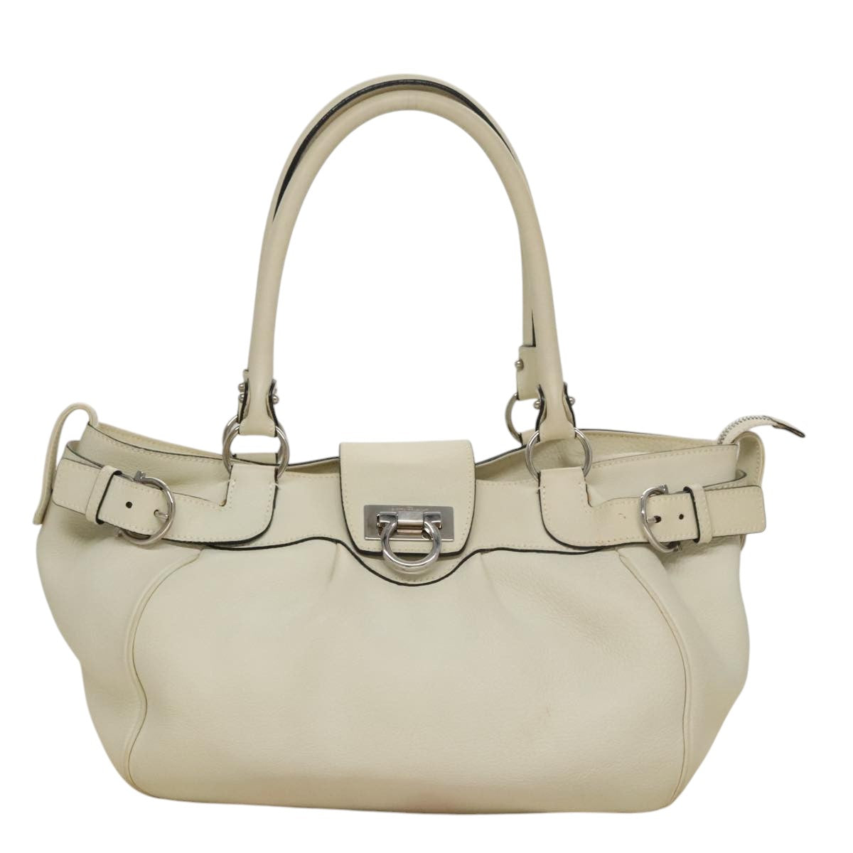 Salvatore Ferragamo Gancini Hand Bag Leather White Silver Auth yk16589
