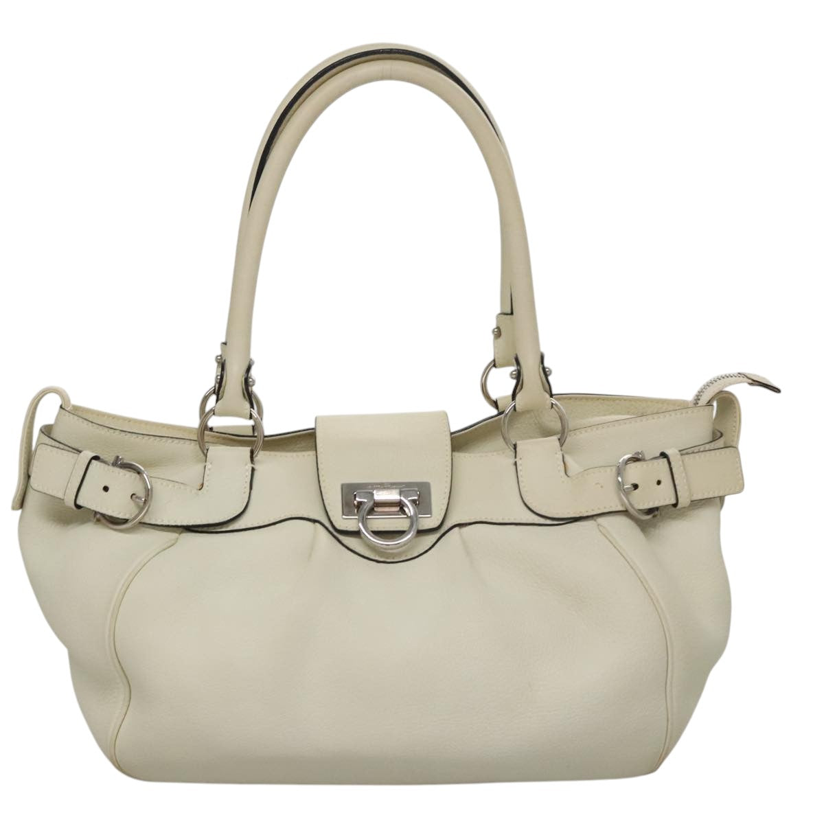 Salvatore Ferragamo Gancini Hand Bag Leather White Silver Auth yk16589
