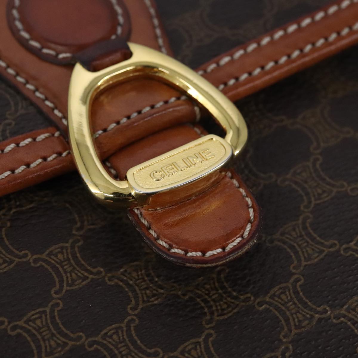 CELINE Macadam Canvas Shoulder Bag PVC Leather Brown Gold Auth yk16625