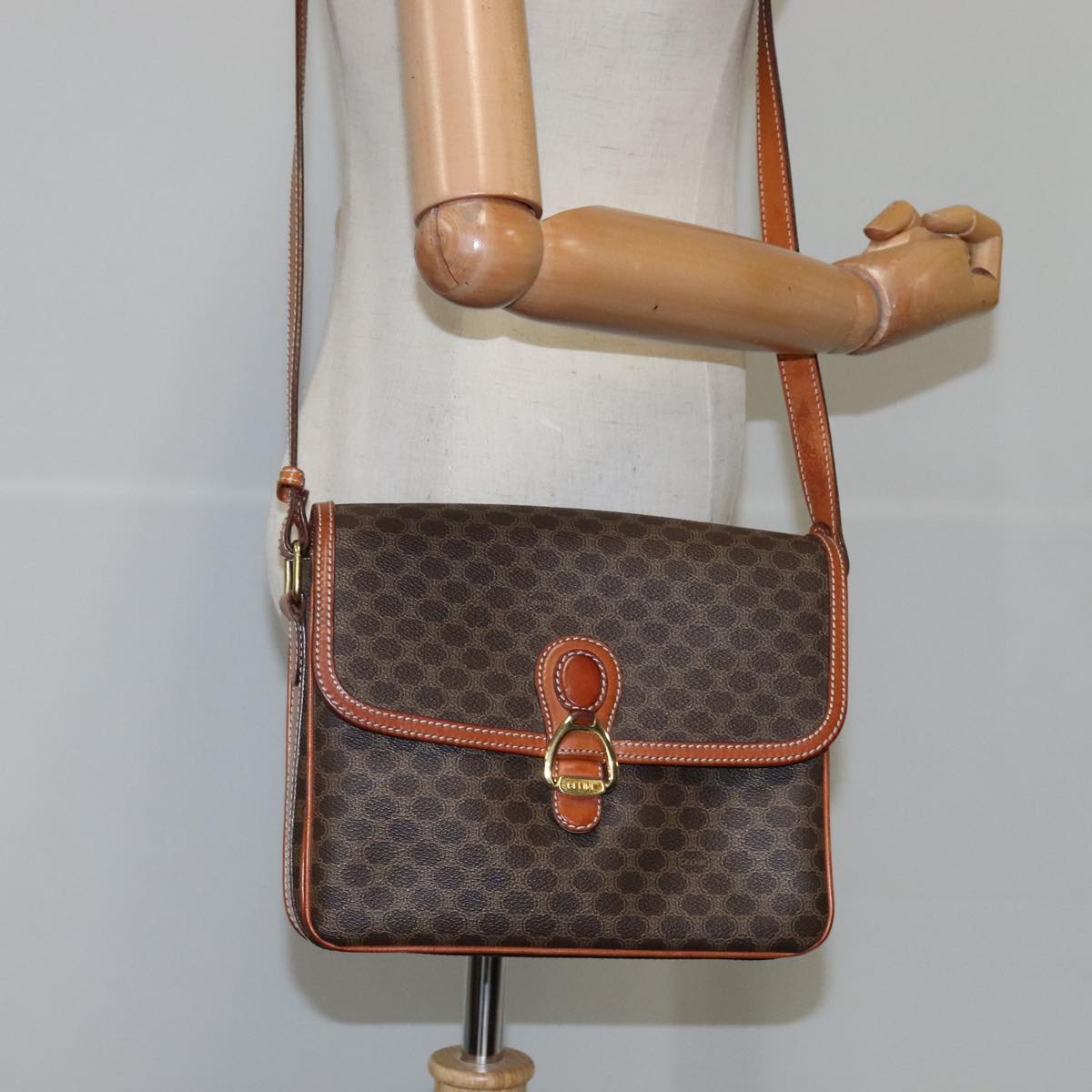 CELINE Macadam Canvas Shoulder Bag PVC Leather Brown Gold Auth yk16625