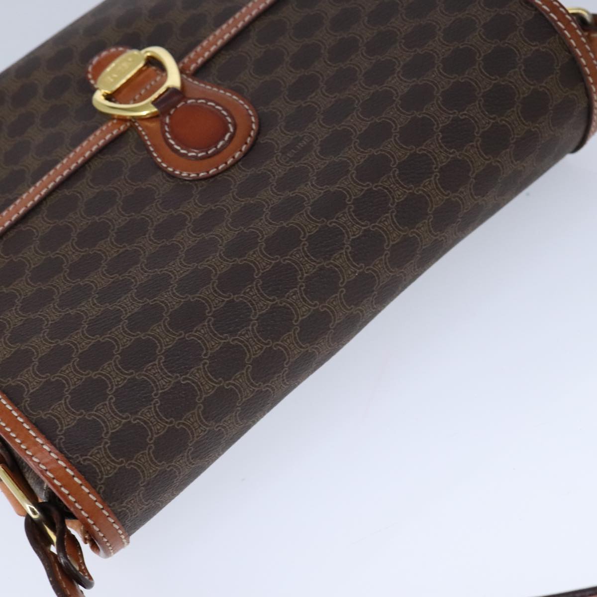 CELINE Macadam Canvas Shoulder Bag PVC Leather Brown Gold Auth yk16625
