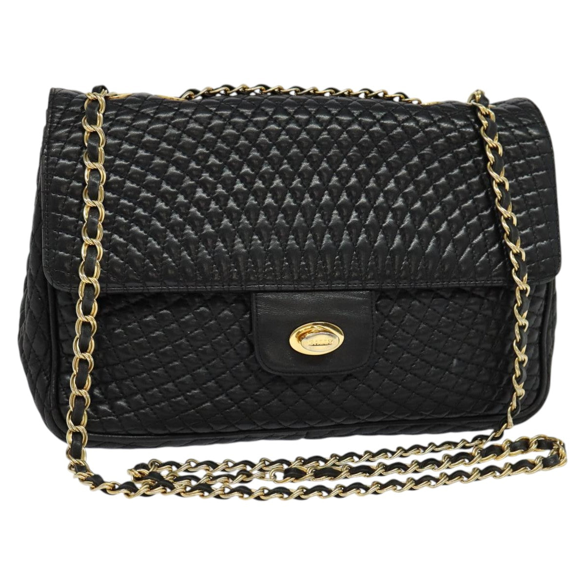 BALLY Quilted Chain Shoulder Bag Leather Black Gold Auth yk17027