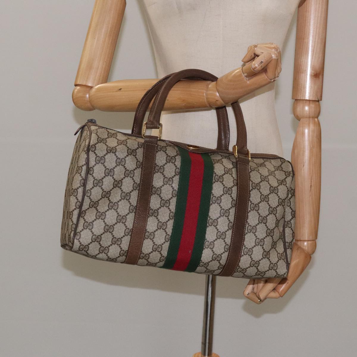 GUCCI GG Supreme Web Sherry Line Boston Bag PVC Beige Red 010 378 Auth yk17033