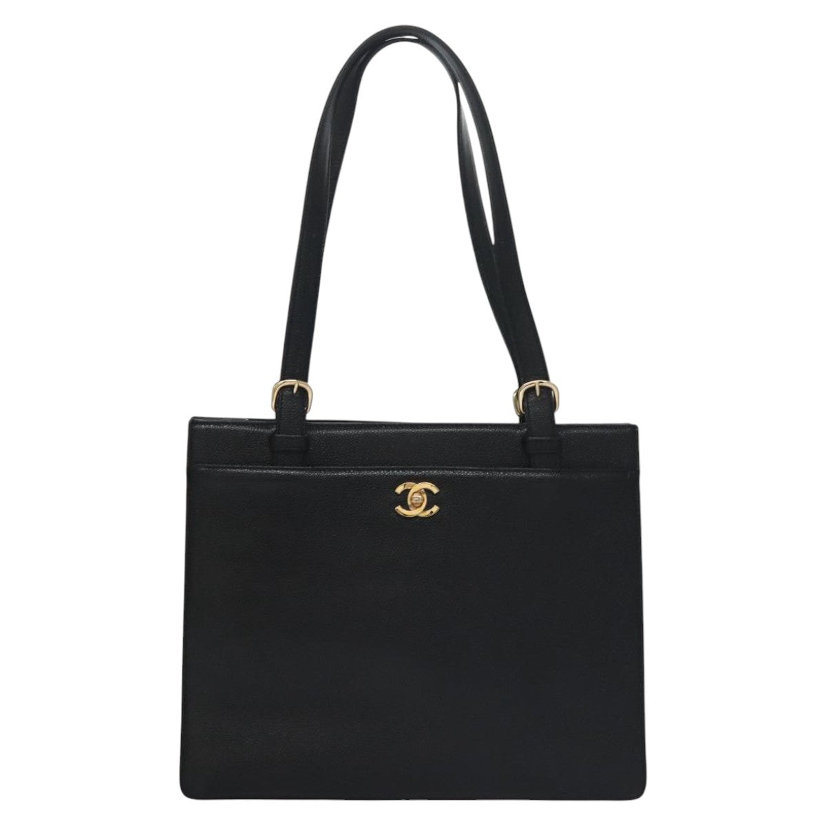 CHANEL COCO Mark Tote Bag Caviar Skin Black Gold CC Auth yk17238A
