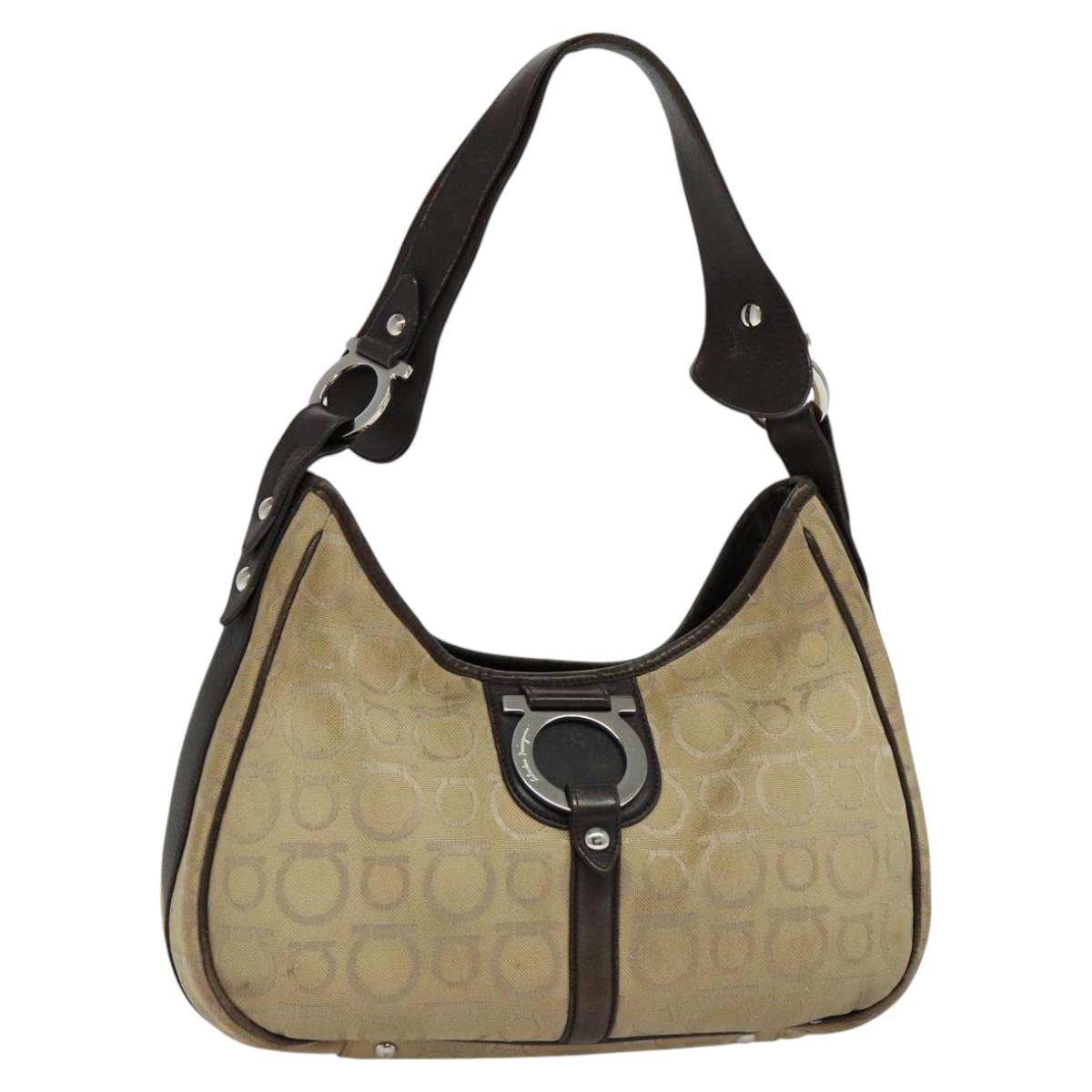 Salvatore Ferragamo Gancini Shoulder Bag Canvas Beige Auth yk17339
