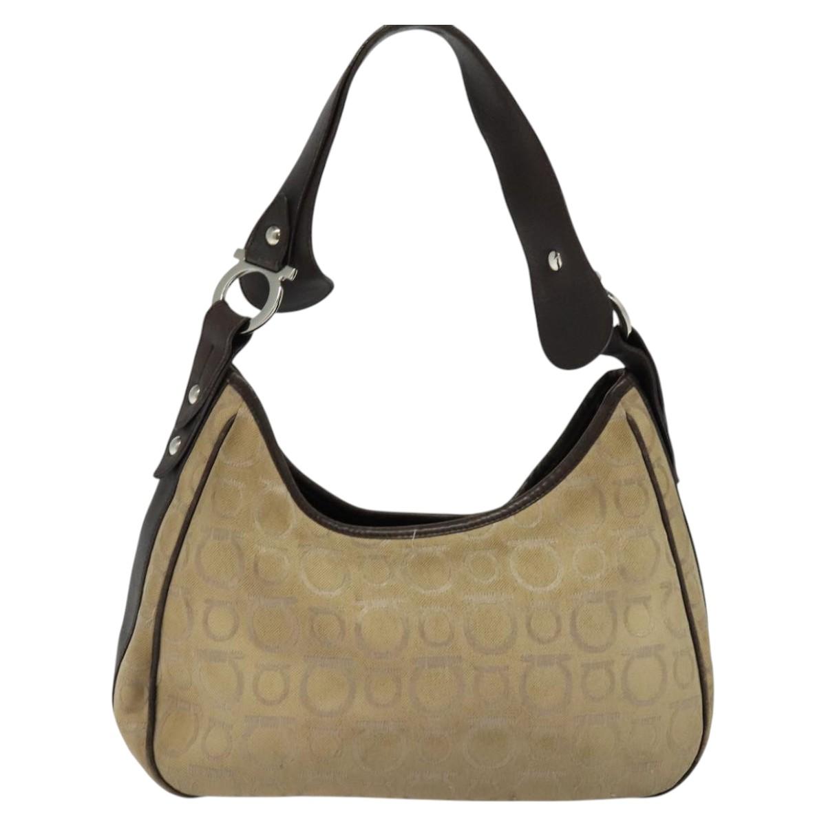 Salvatore Ferragamo Gancini Shoulder Bag Canvas Beige Auth yk17339