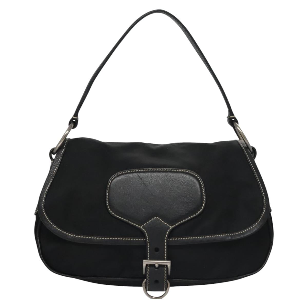 PRADA Shoulder Bag Nylon Leather Black Silver Auth yk17421V