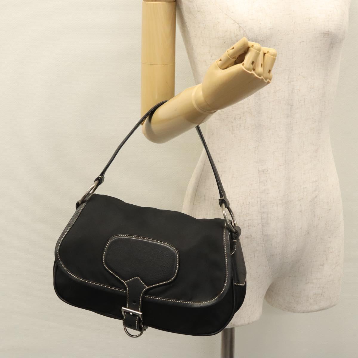 PRADA Shoulder Bag Nylon Leather Black Silver Auth yk17421V