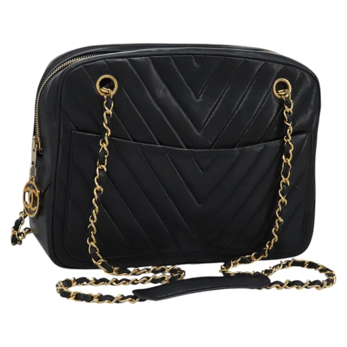 CHANEL Chain V Stitch Shoulder Bag Lamb Skin Black Gold CC Auth yk17457