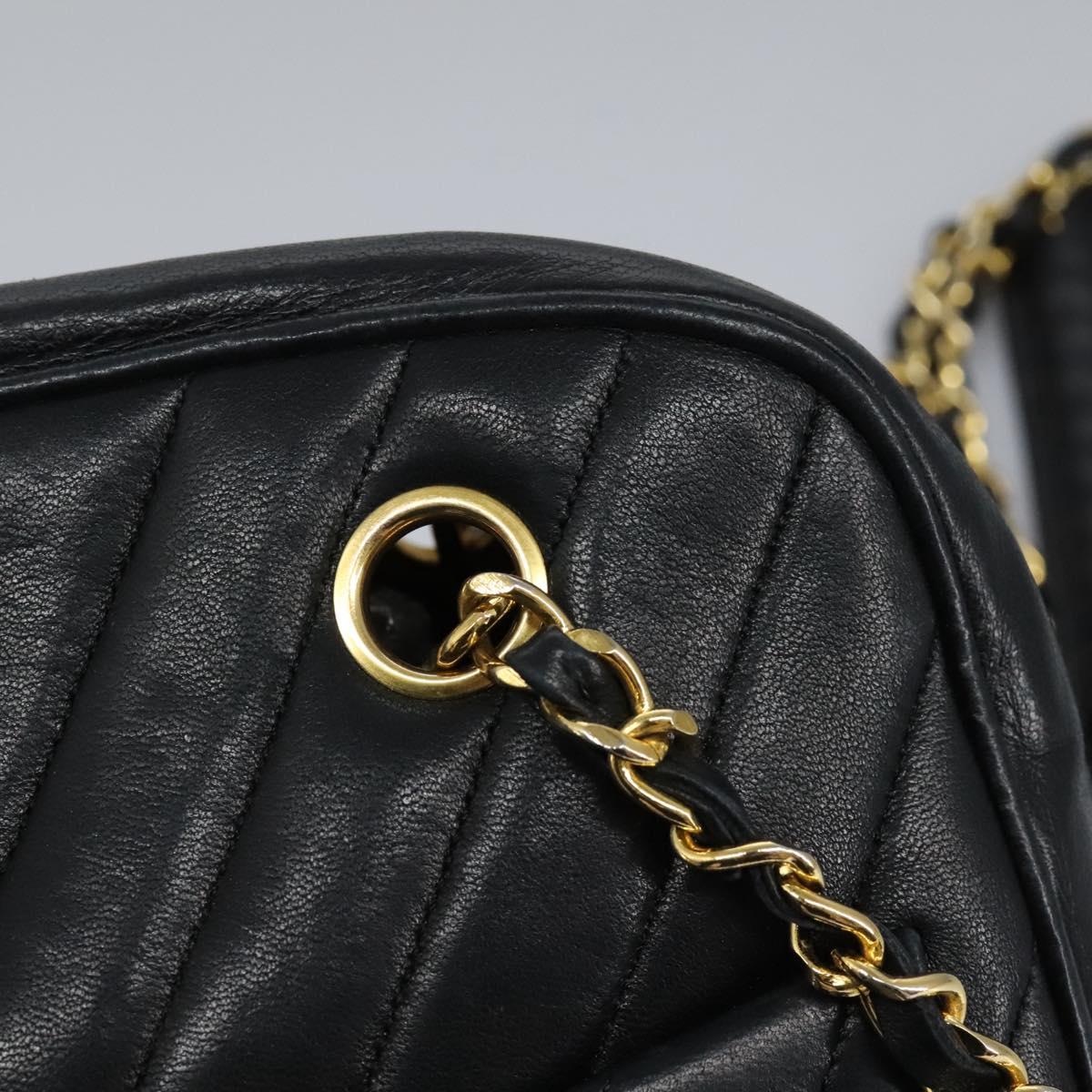 CHANEL Chain V Stitch Shoulder Bag Lamb Skin Black Gold CC Auth yk17457