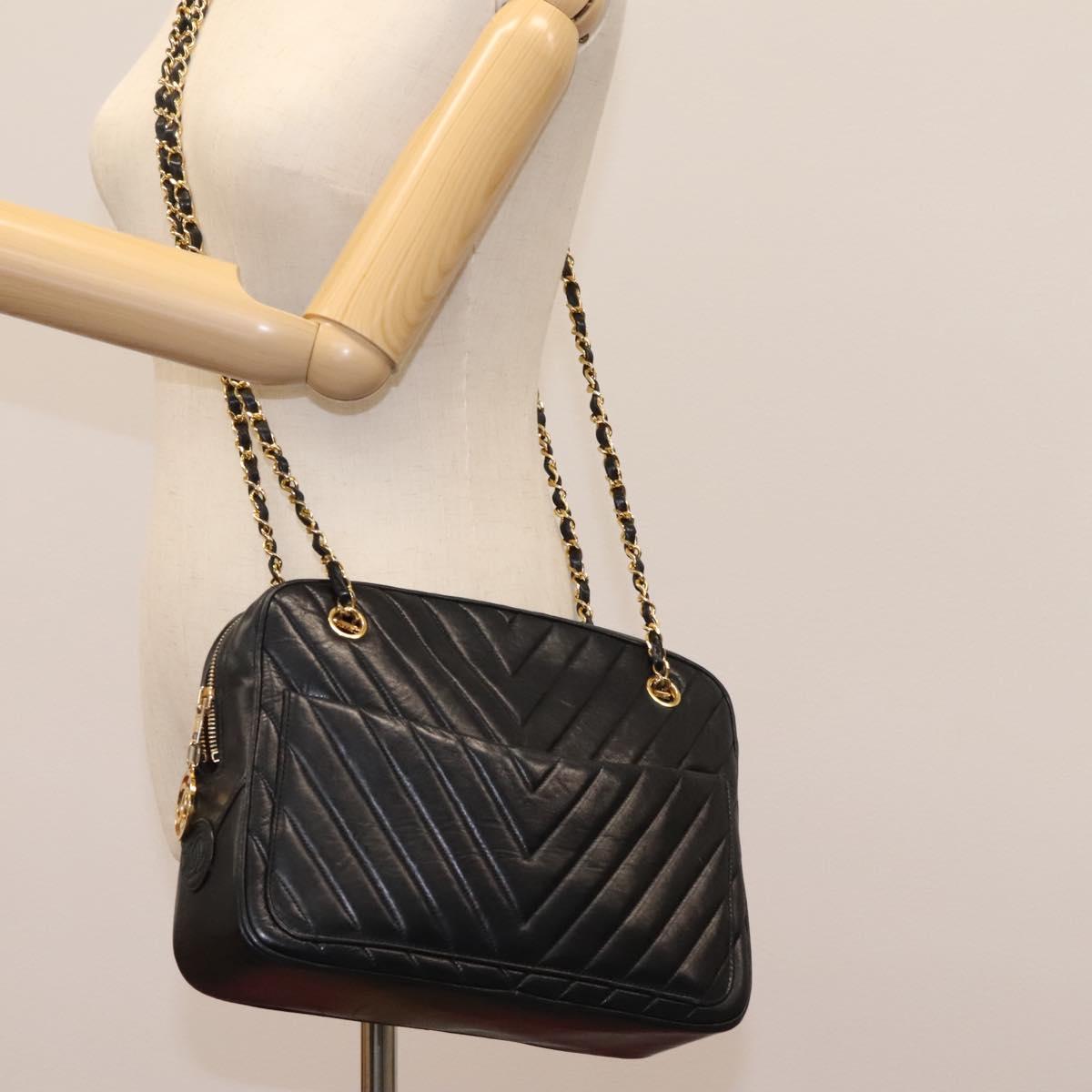 CHANEL Chain V Stitch Shoulder Bag Lamb Skin Black Gold CC Auth yk17457