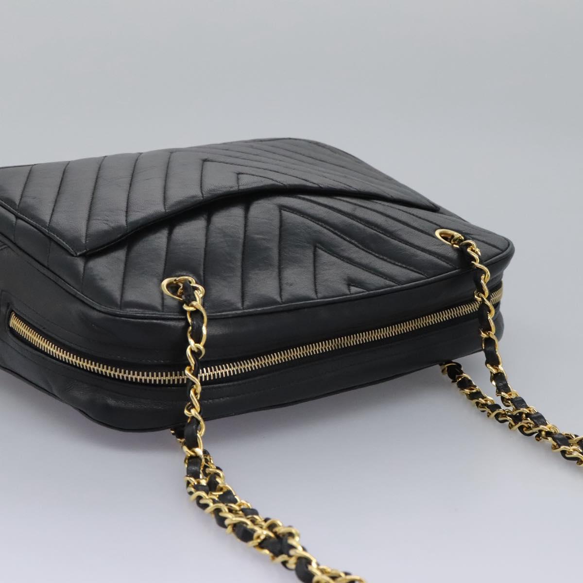 CHANEL Chain V Stitch Shoulder Bag Lamb Skin Black Gold CC Auth yk17457