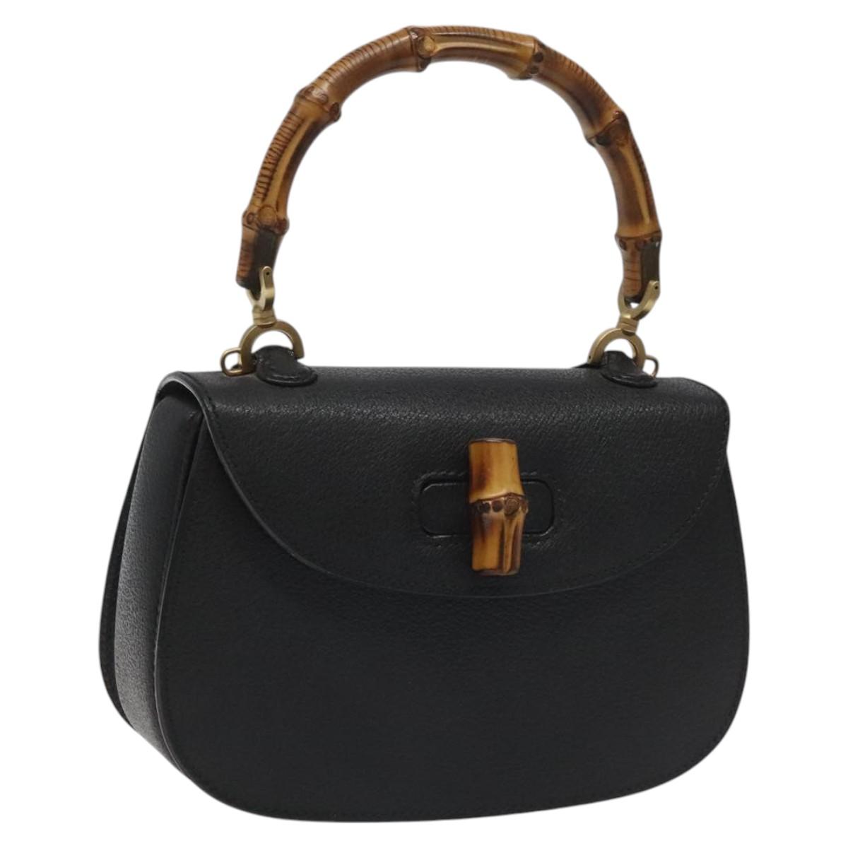 GUCCI Bamboo Hand Bag Leather Black Gold 000 2113 0188 Auth yk17496V