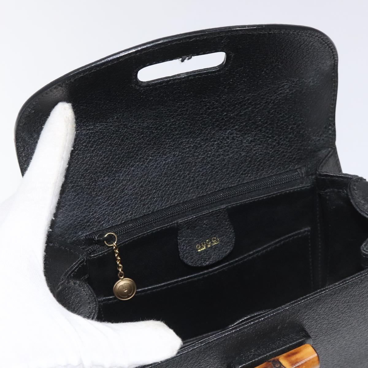 GUCCI Bamboo Hand Bag Leather Black Gold 000 2113 0188 Auth yk17496V