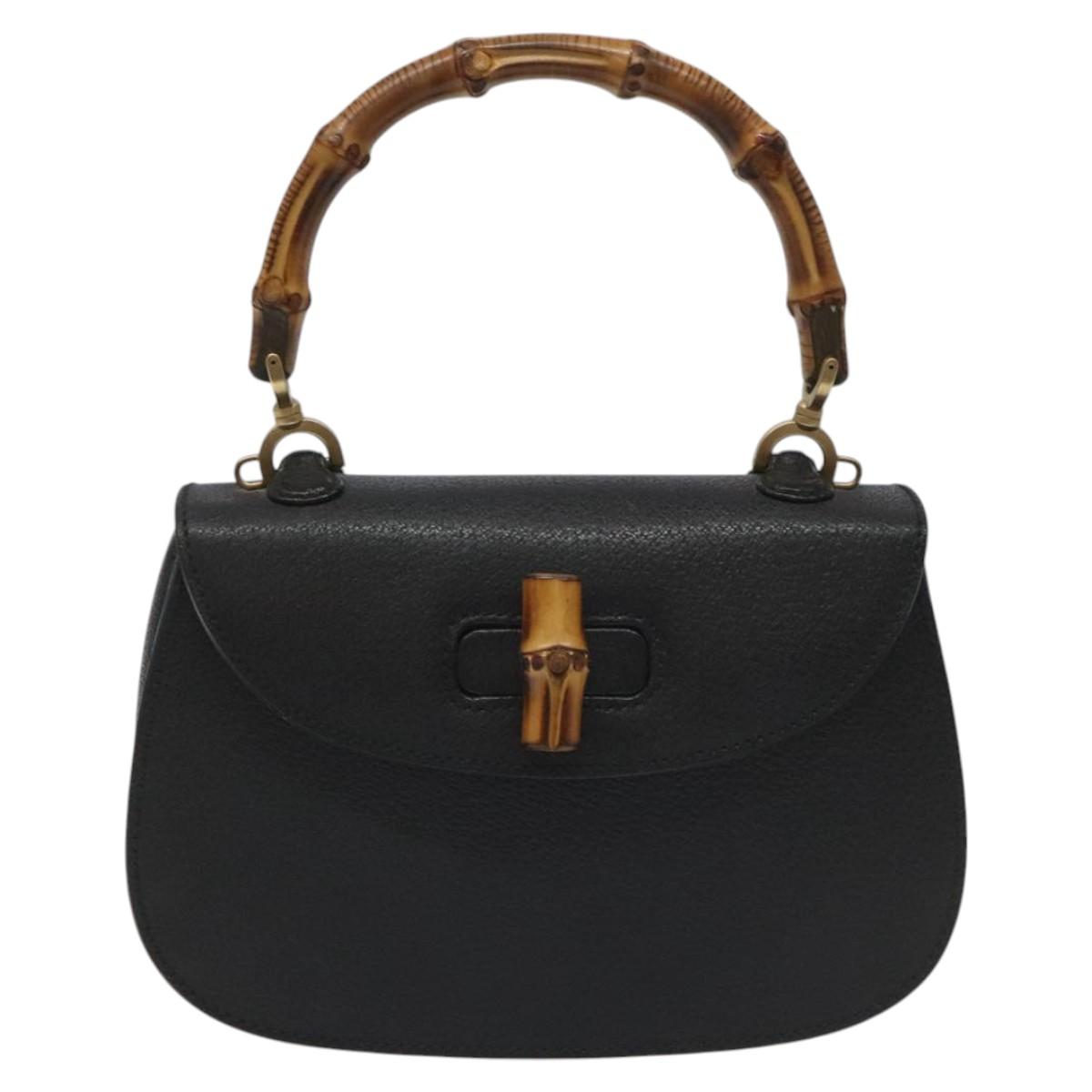 GUCCI Bamboo Hand Bag Leather Black Gold 000 2113 0188 Auth yk17496V