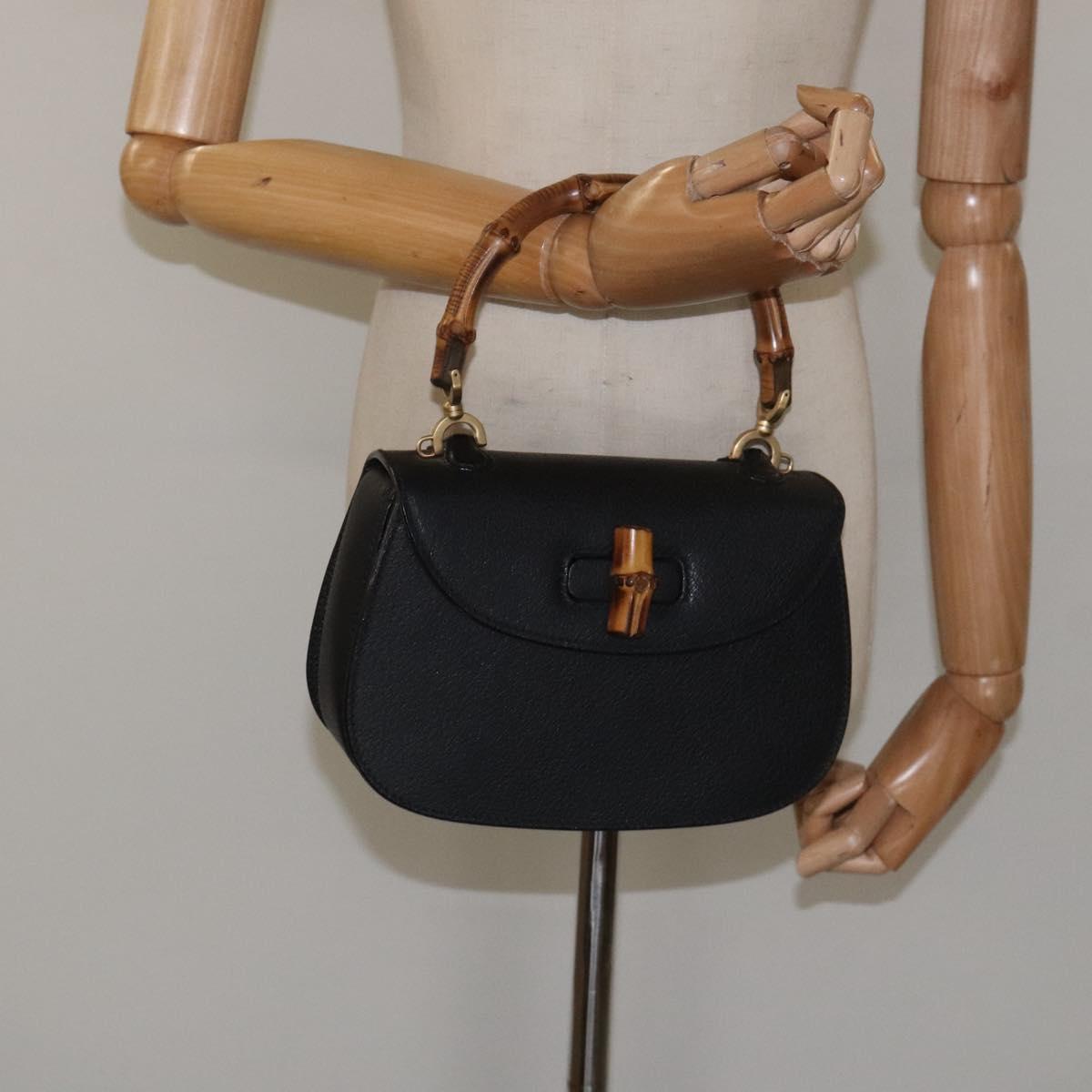 GUCCI Bamboo Hand Bag Leather Black Gold 000 2113 0188 Auth yk17496V