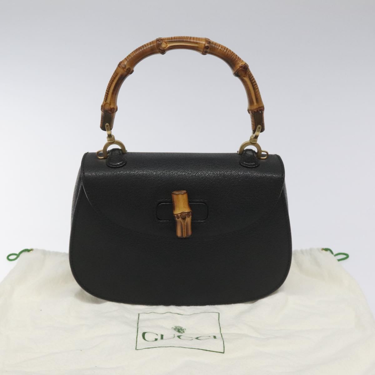 GUCCI Bamboo Hand Bag Leather Black Gold 000 2113 0188 Auth yk17496V