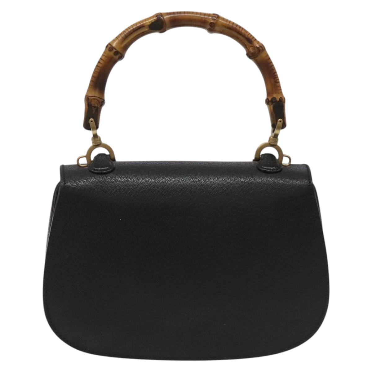 GUCCI Bamboo Hand Bag Leather Black Gold 000 2113 0188 Auth yk17496V