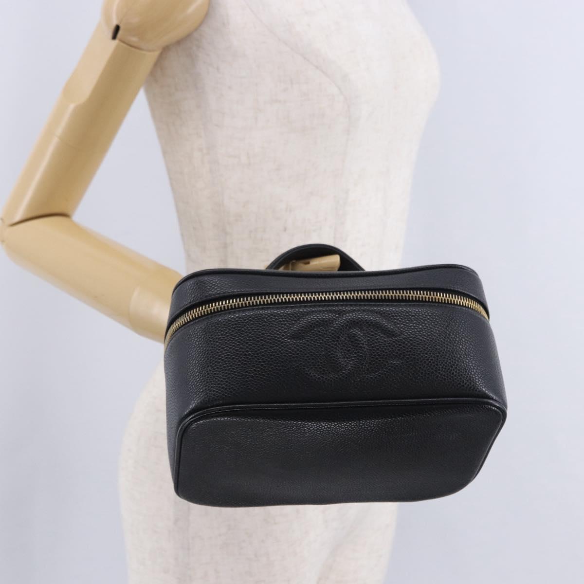 CHANEL COCO Mark Vanity Pouch Caviar Skin Black Gold CC Auth yk17517