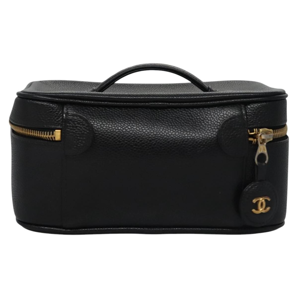 CHANEL COCO Mark Vanity Pouch Caviar Skin Black Gold CC Auth yk17517