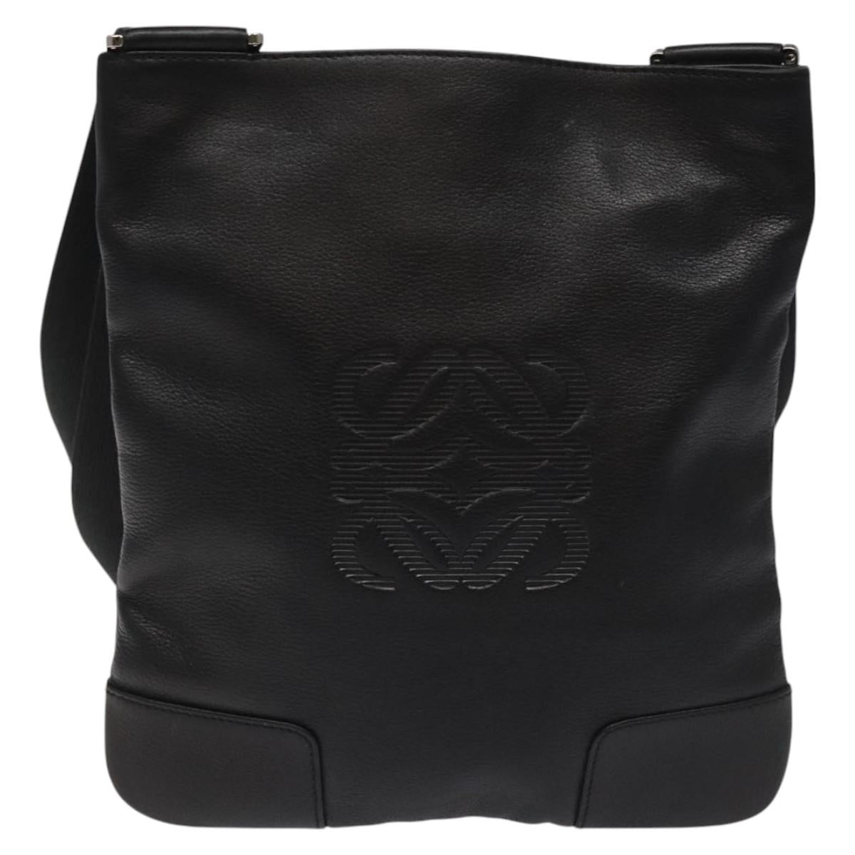 LOEWE Anagram Shoulder Bag Leather Black Silver Auth yk17569