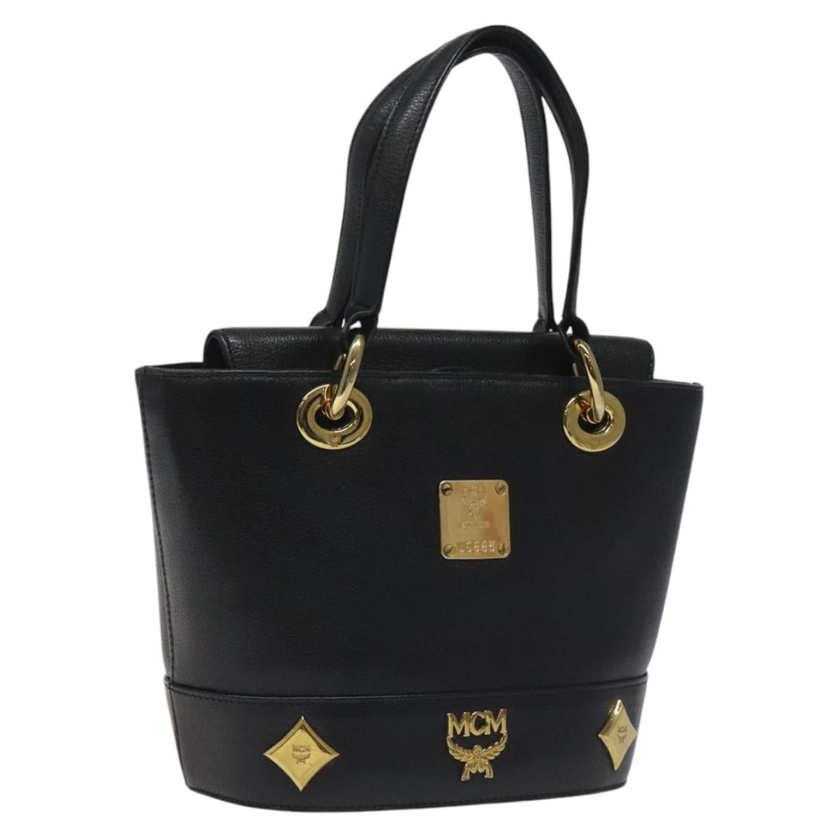 MCM Hand Bag Leather Black Gold Auth yk17655
