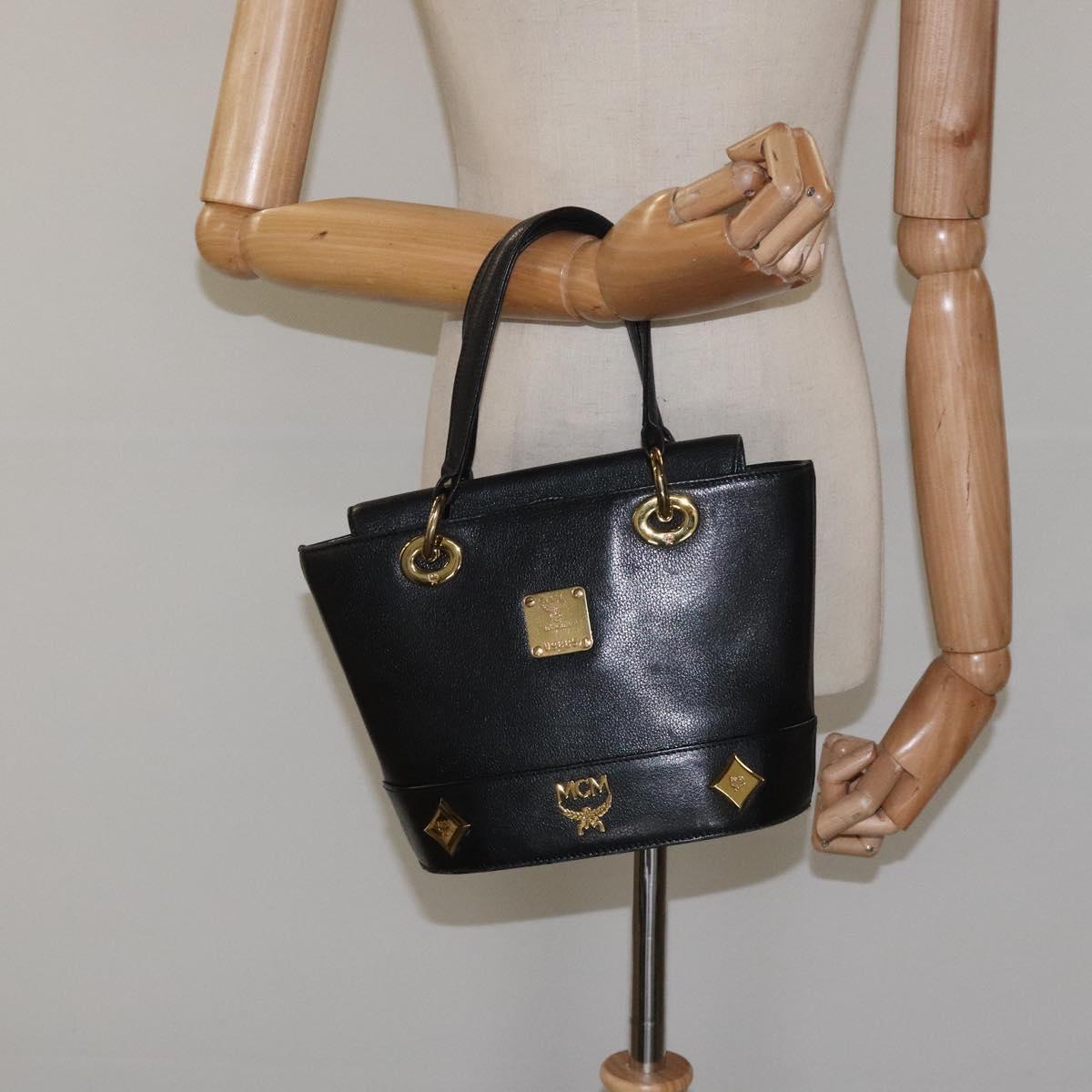 MCM Hand Bag Leather Black Gold Auth yk17655