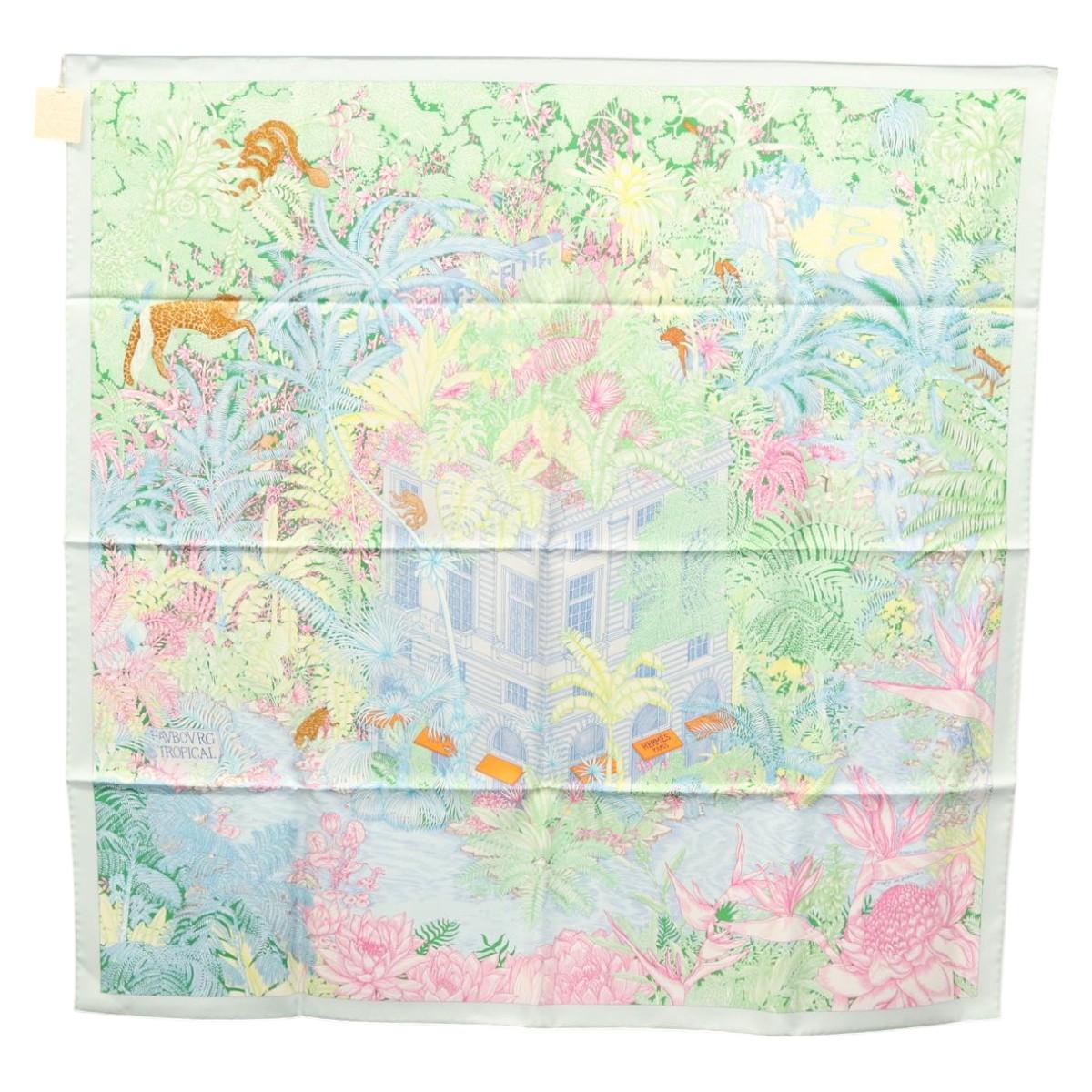 HERMES Carre 90 Scarf ""Faubourg Tropical"" Silk Green Auth yk17852