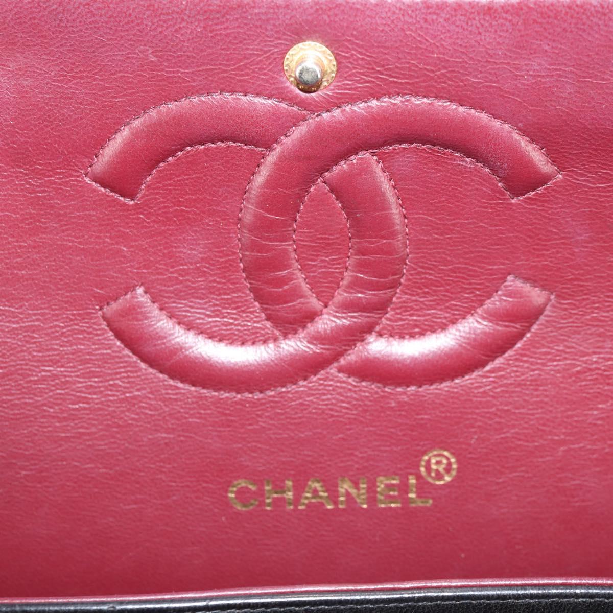CHANEL Matelasse 25 Double Flap Chain Bag Lamb Skin Black Gold CC Auth yk17866A