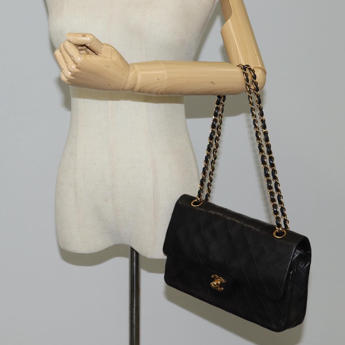 CHANEL Matelasse 25 Double Flap Chain Bag Lamb Skin Black Gold CC Auth yk17866A