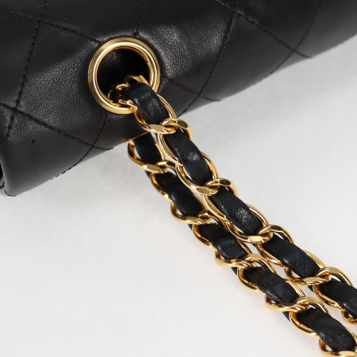 CHANEL Matelasse 25 Double Flap Chain Bag Lamb Skin Black Gold CC Auth yk17866A