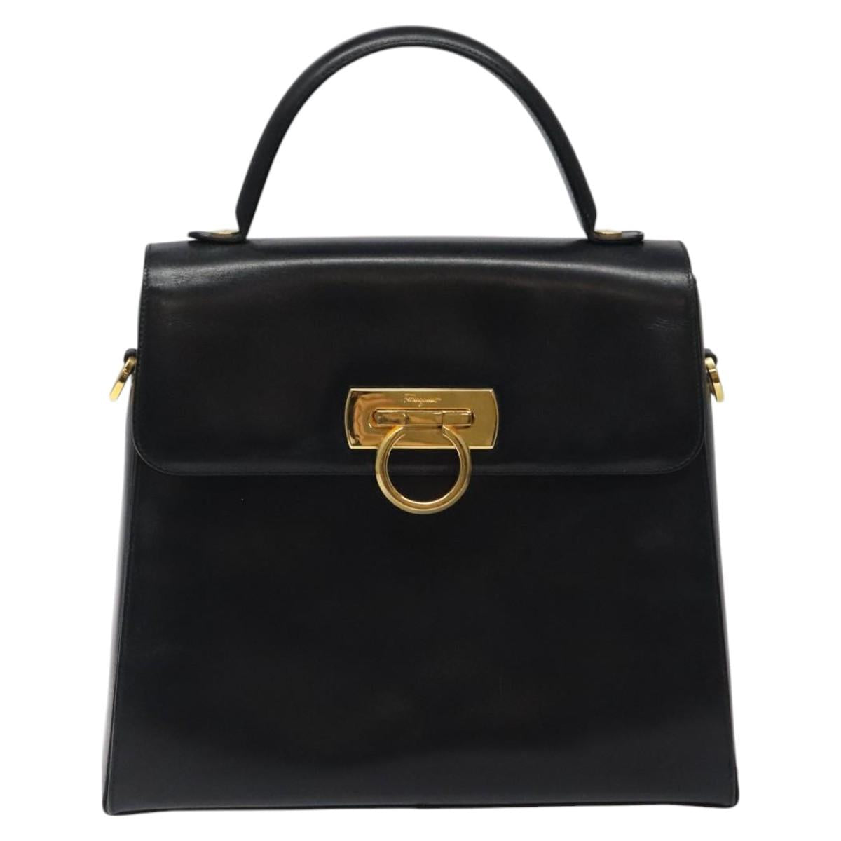 Salvatore Ferragamo Gancini Hand Bag Leather Black Gold Auth yk17898
