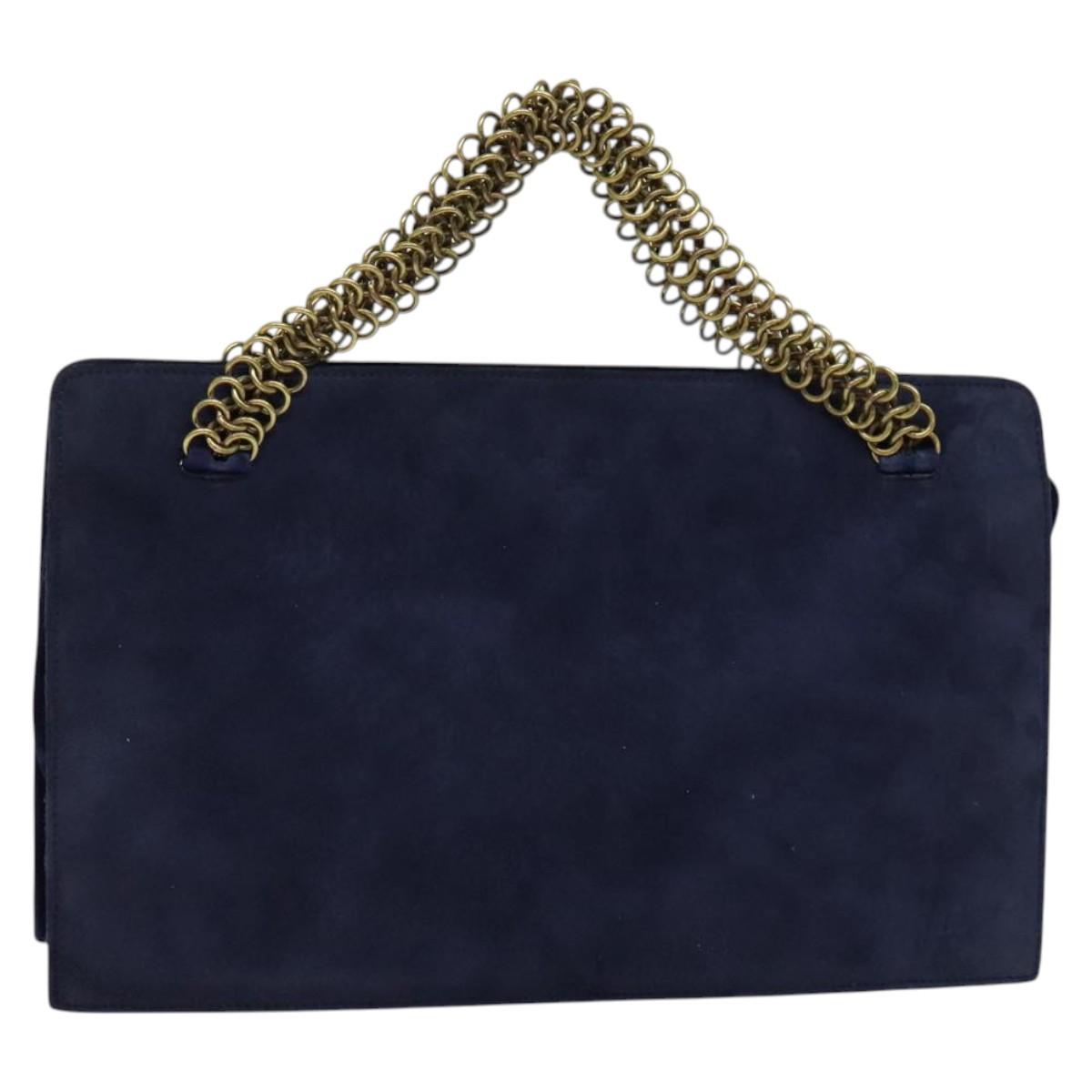 PRADA Chain Hand Bag Suede Navy Gold Auth yk17929