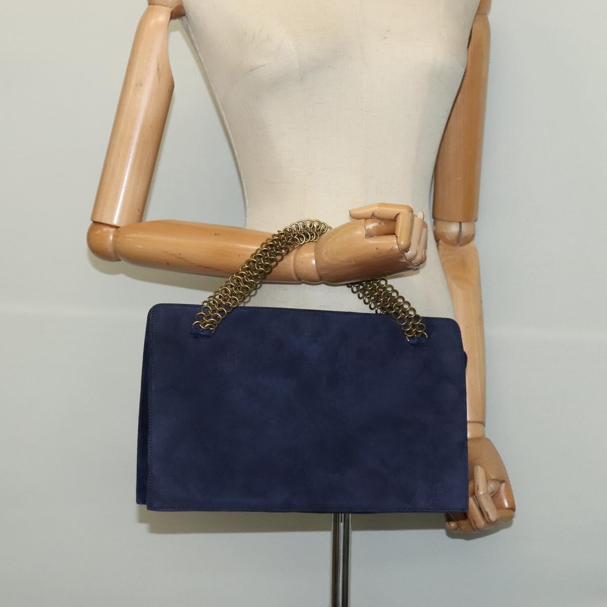 PRADA Chain Hand Bag Suede Navy Gold Auth yk17929
