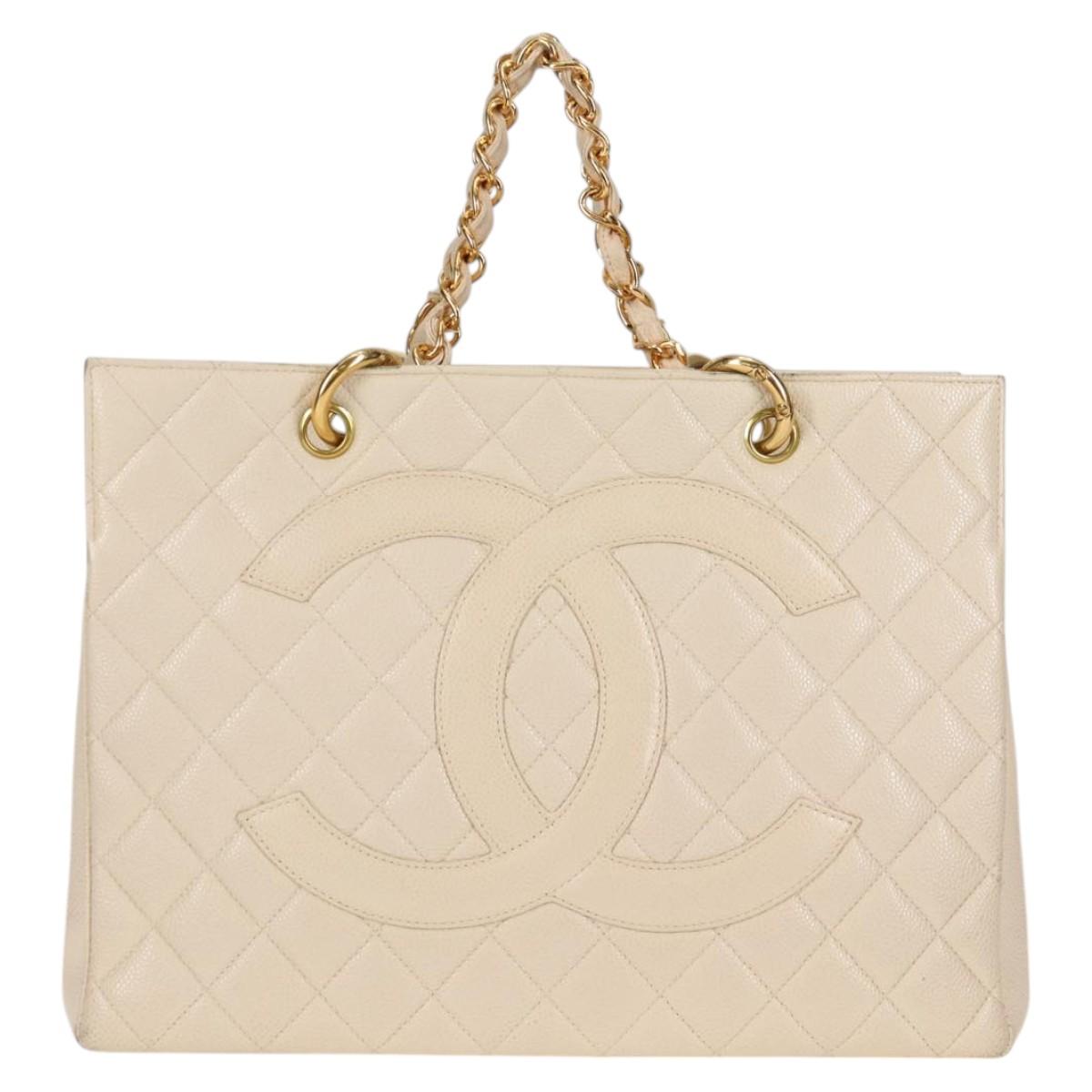 CHANEL Matelasse COCO Mark Chain Tote Bag Calf Skin Vanilla Gold CC Auth yk18012
