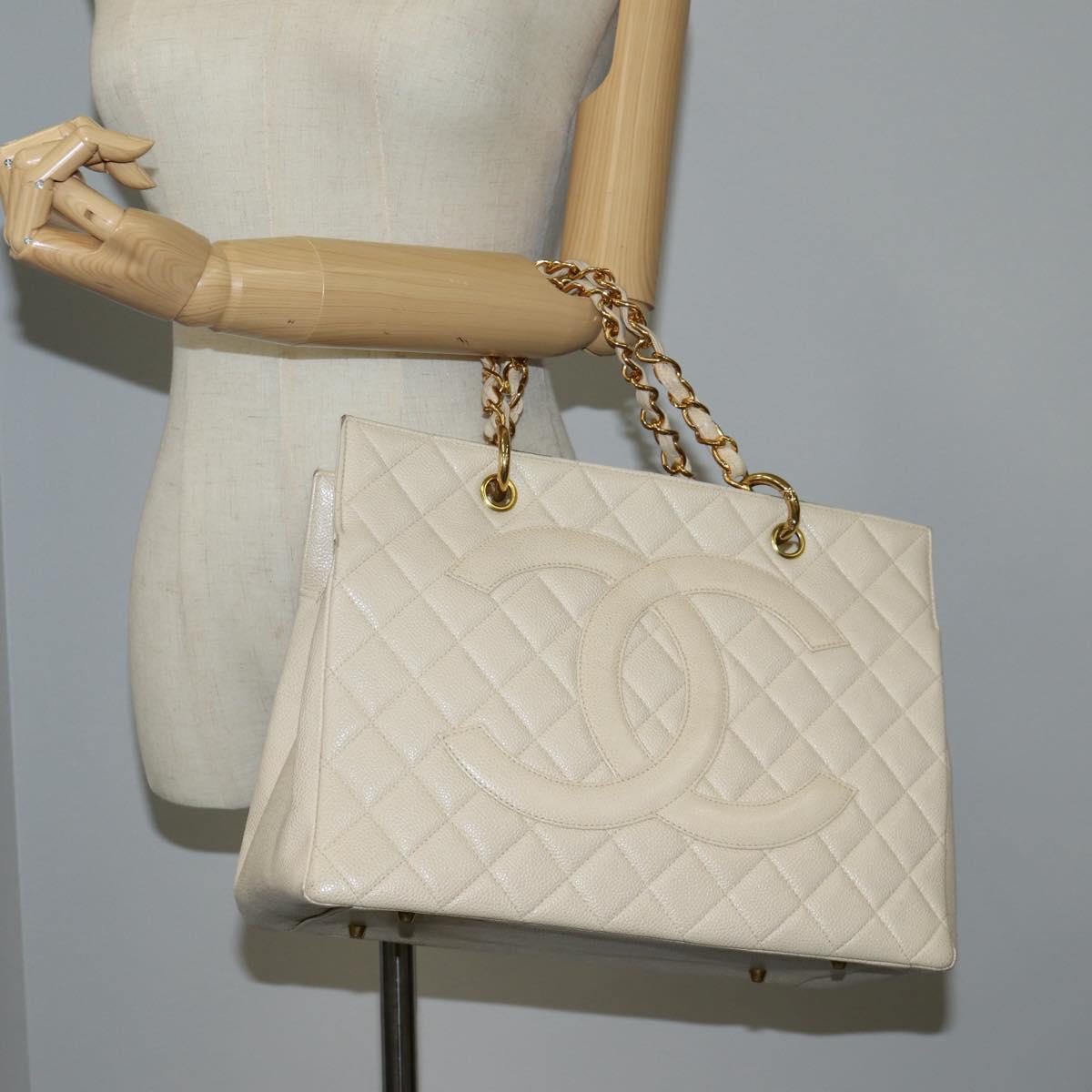 CHANEL Matelasse COCO Mark Chain Tote Bag Calf Skin Vanilla Gold CC Auth yk18012