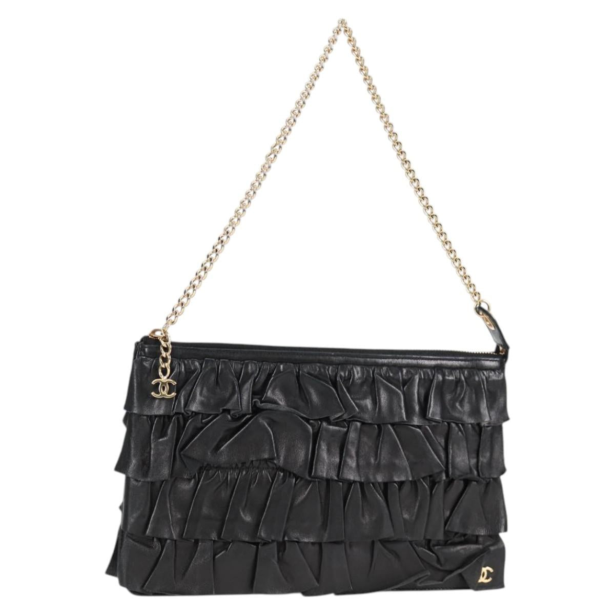 CHANEL Chain Gathered Hand Bag Lamb Skin Black Gold CC Auth yk18016M