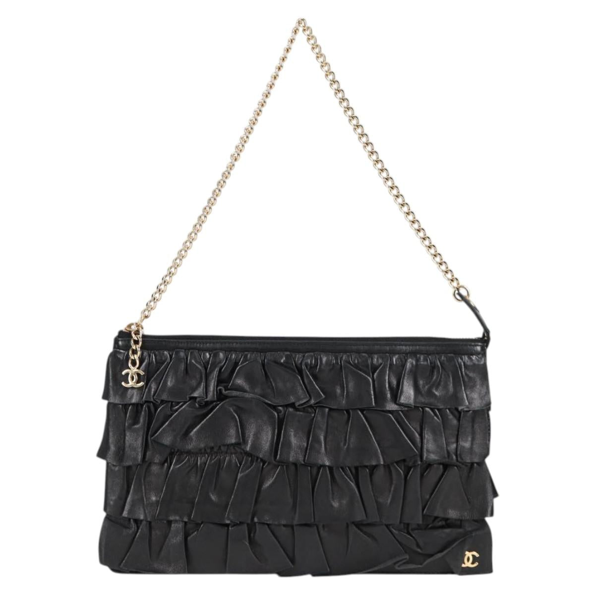 CHANEL Chain Gathered Hand Bag Lamb Skin Black Gold CC Auth yk18016M
