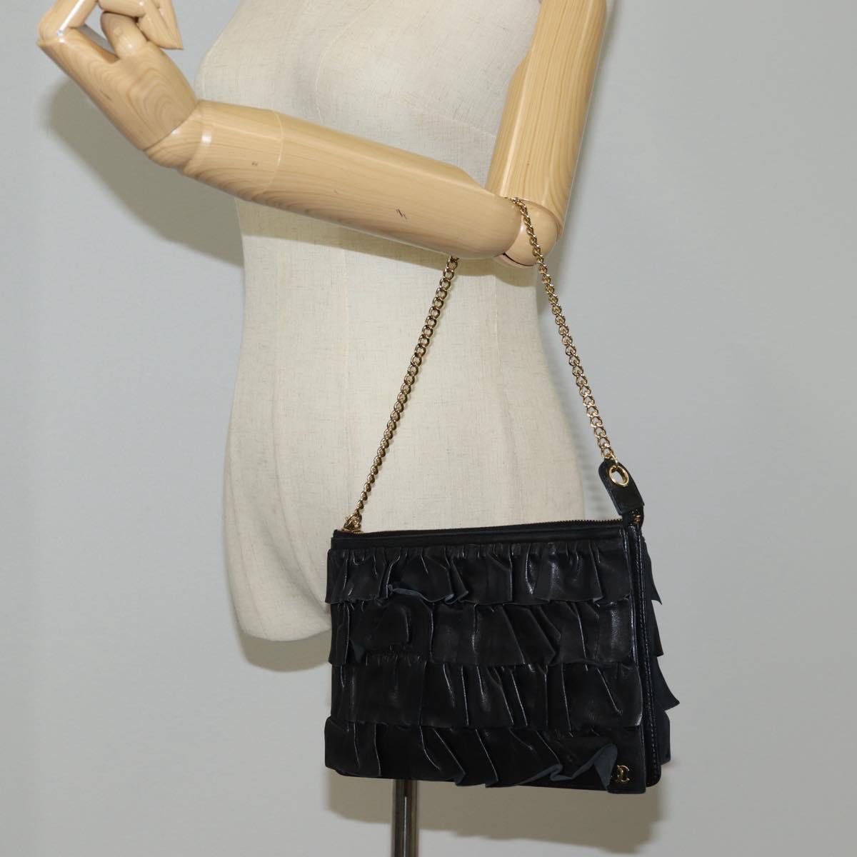 CHANEL Chain Gathered Hand Bag Lamb Skin Black Gold CC Auth yk18016M
