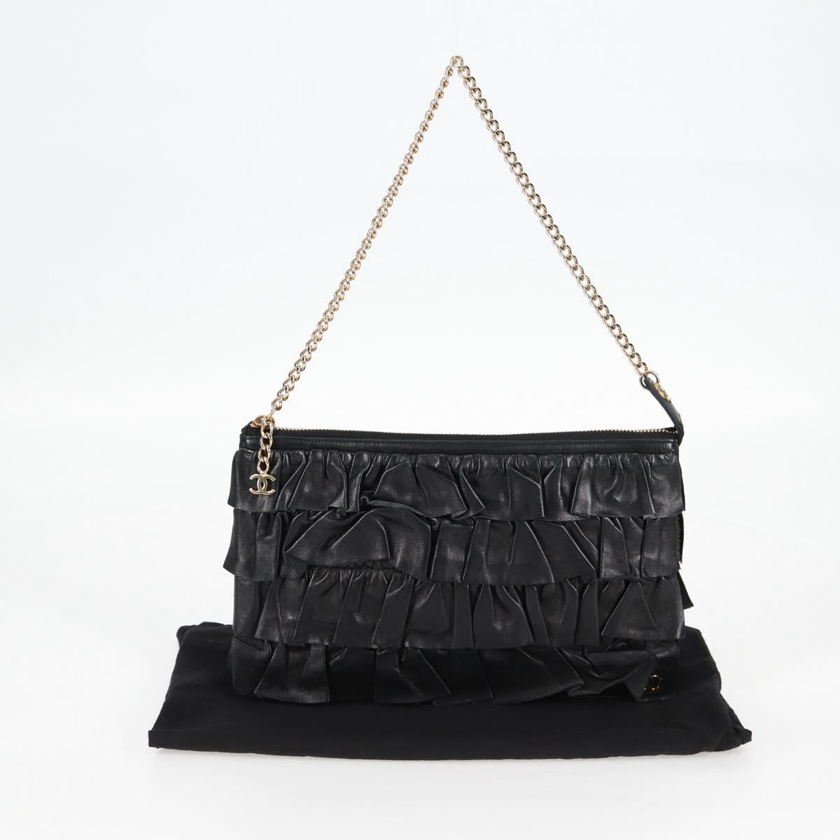 CHANEL Chain Gathered Hand Bag Lamb Skin Black Gold CC Auth yk18016M