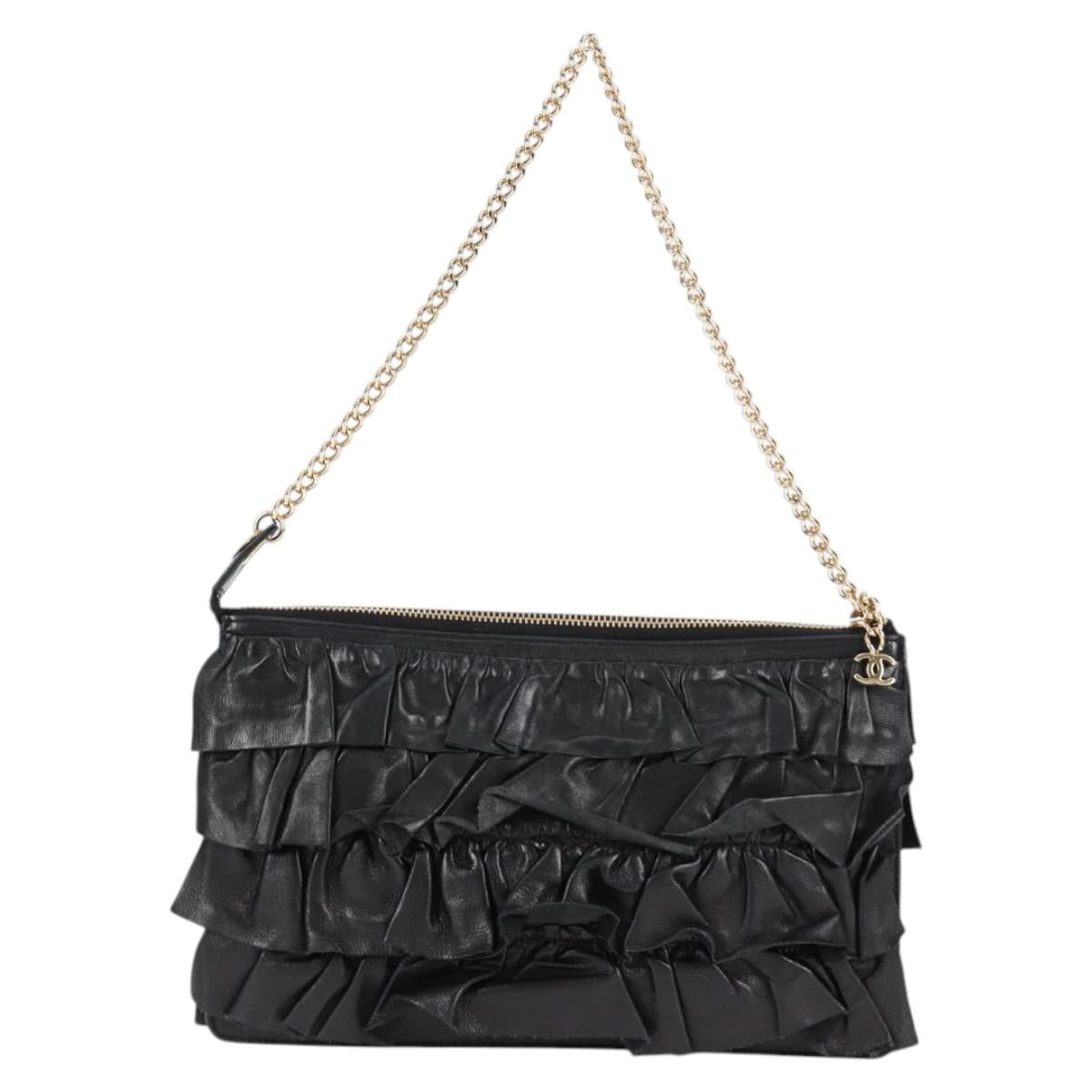 CHANEL Chain Gathered Hand Bag Lamb Skin Black Gold CC Auth yk18016M